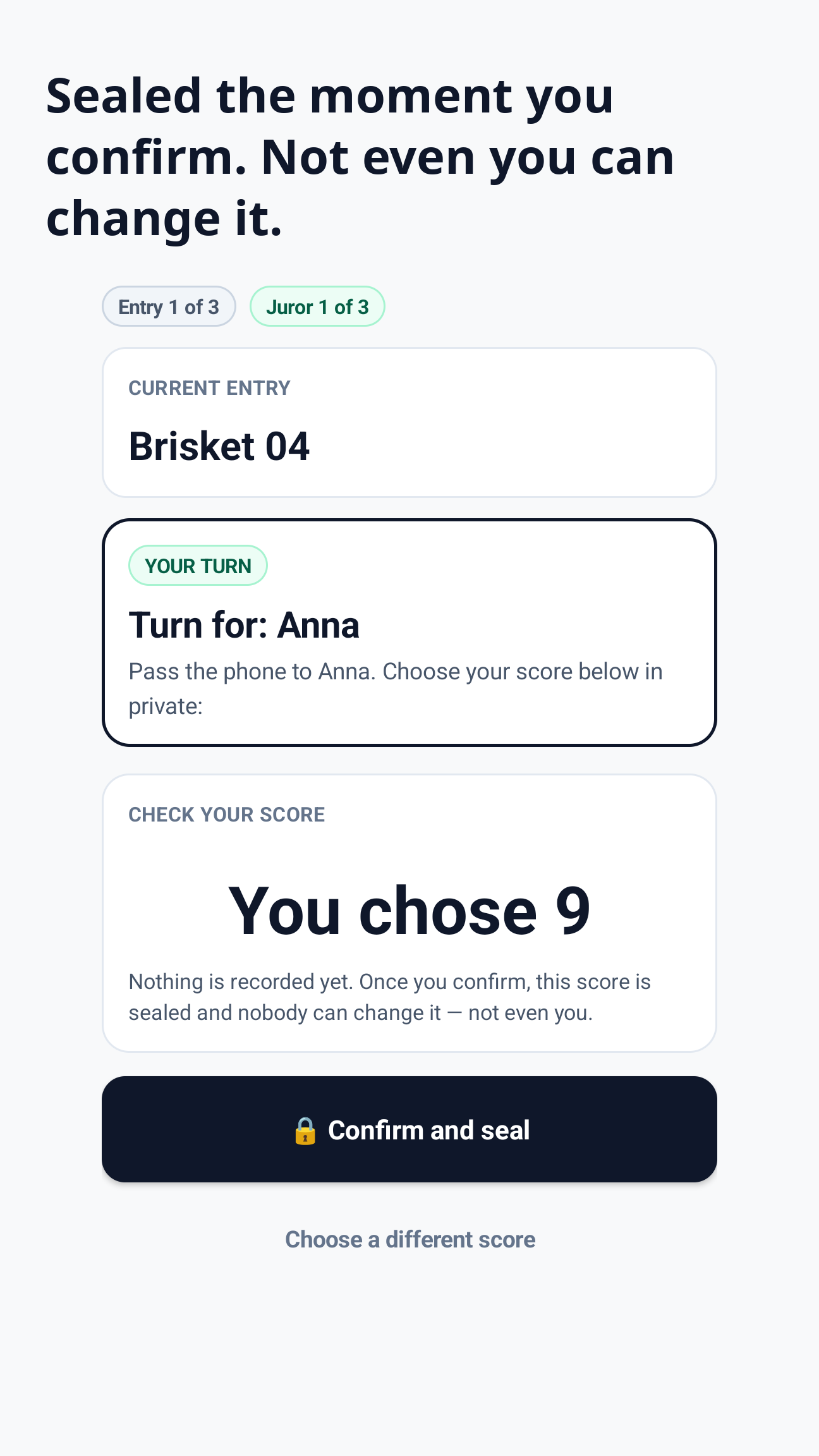 Jurycoach score-confirmation screen reading 'You chose 9' with a Confirm and seal button