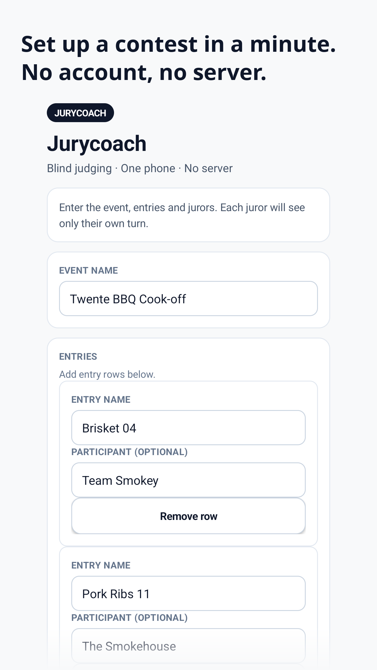 Jurycoach setup screen: event name and a list of entries with participants